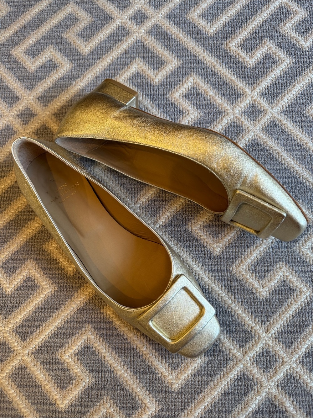 ANN MASHBURN Metallic Gold Square-Toe Low Heel Flats